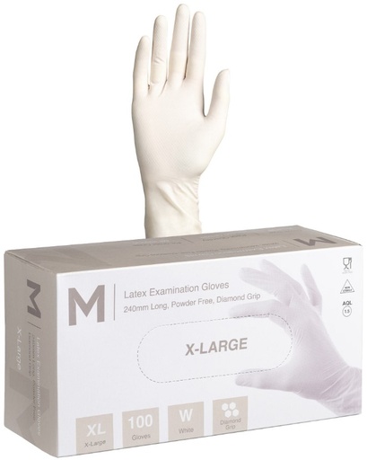 Latex Diamond Grip Examination Gloves Powder Free - White, XL, 240mm Cuff, 8.0g 100 Gloves/Pack 