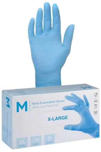 Nitrile Examination Gloves Powder Free - Blue, XL, 240mm Cuff, 3.0g 100 Gloves/Pack