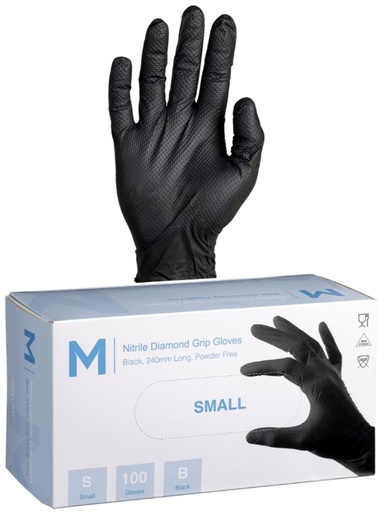 Nitrile Diamond Grip Gloves Powder Free - Black, S, 240mm Cuff, 9.0g 100 Gloves/Pack 