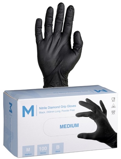 Nitrile Diamond Grip Gloves Powder Free - Black, M, 240mm Cuff, 9.0g 100 Gloves/Pack 