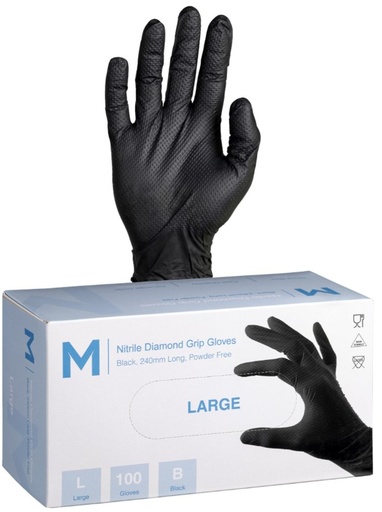 Nitrile Diamond Grip Gloves Powder Free - Black, L, 240mm Cuff, 9.0g 100 Gloves/Pack 