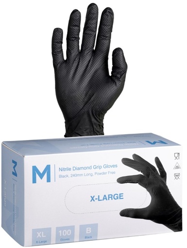 Nitrile Diamond Grip Gloves Powder Free - Black, XL, 240mm Cuff, 9.0g 100 Gloves/Pack