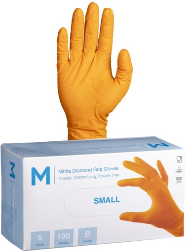 Nitrile Diamond Grip Gloves Powder Free - Orange, S, 240mm Cuff, 9.0g 100 Gloves/Pack 