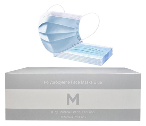 Polypropylene Medical Face Masks - Blue, 3 Ply, Ear Loop Design 50 Masks/Pack Type IIR